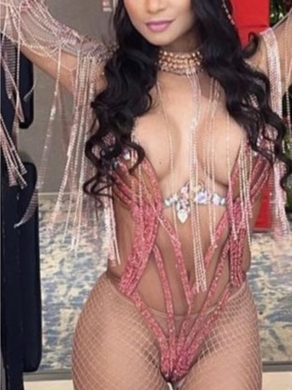 Beaded Fringe Pink Mesh Bodysuit